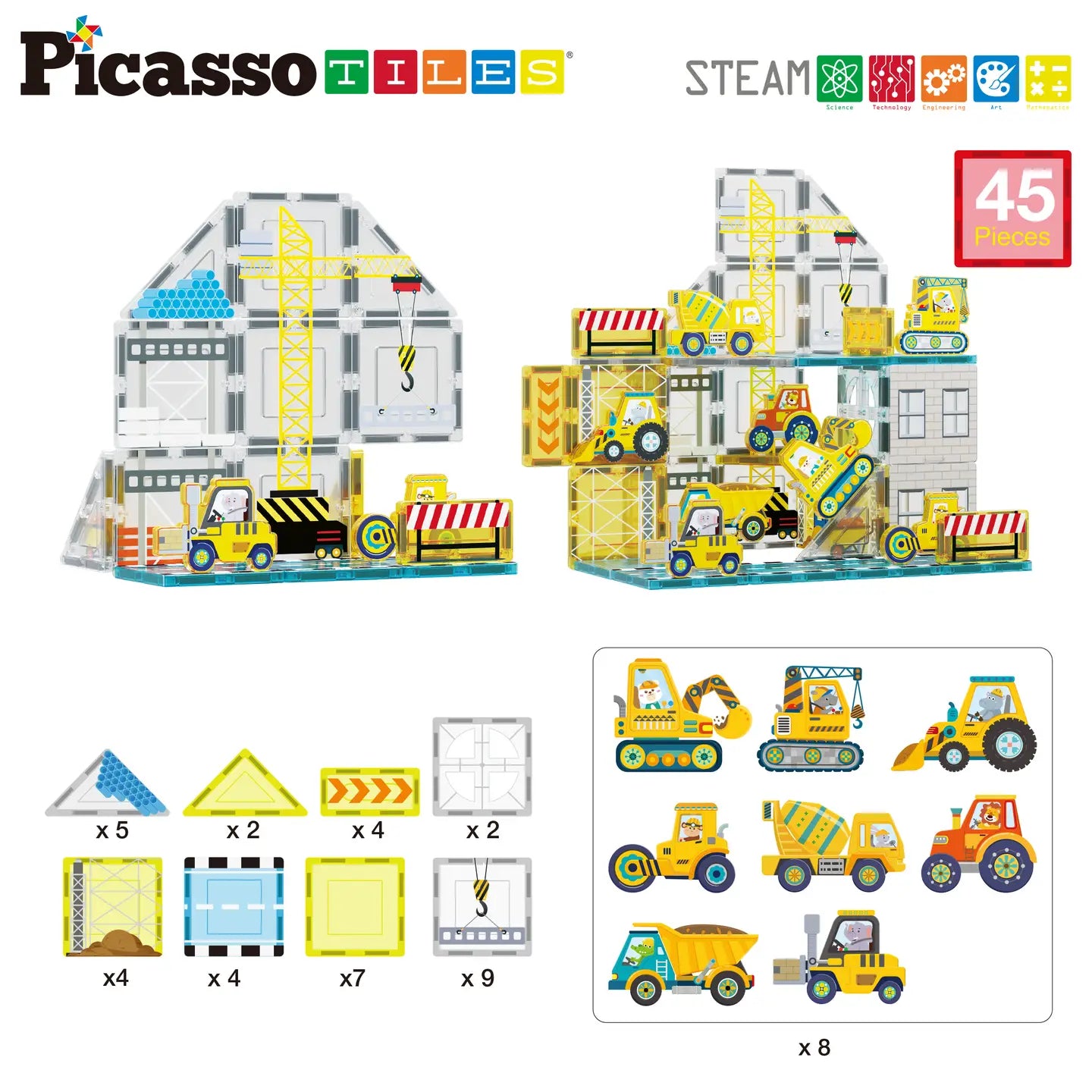 Magnet Tile Building Block Set with 8 Construction Vehicles