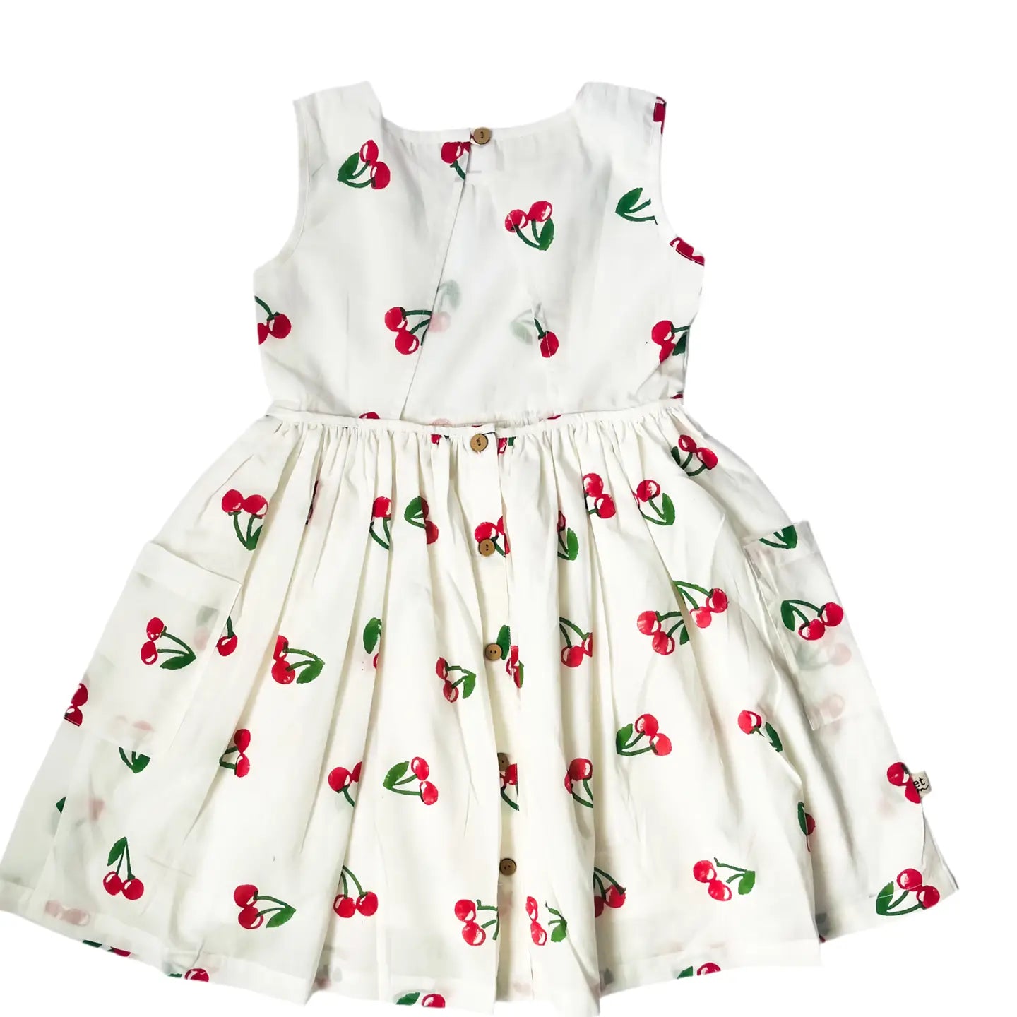 Cherry-colored dress with back cut-out by eight thousand miles, showcasing a stylish, fitted design and bold cherry print.