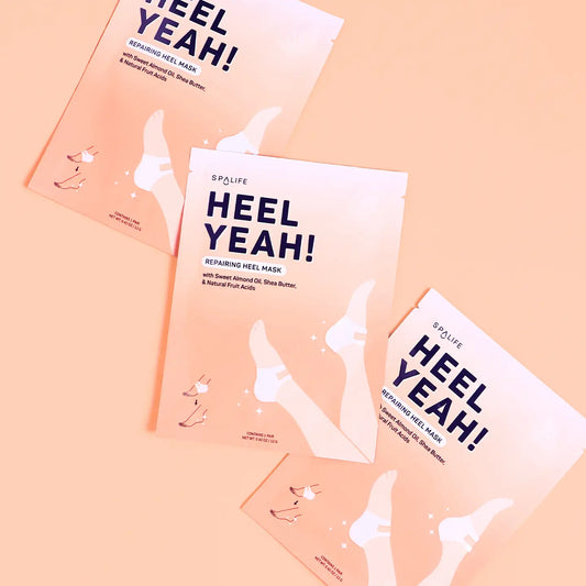 My Spa Life Heel Yeah! Repairing Heel Mask applied to dry, cracked heels for soothing and nourishing foot care.