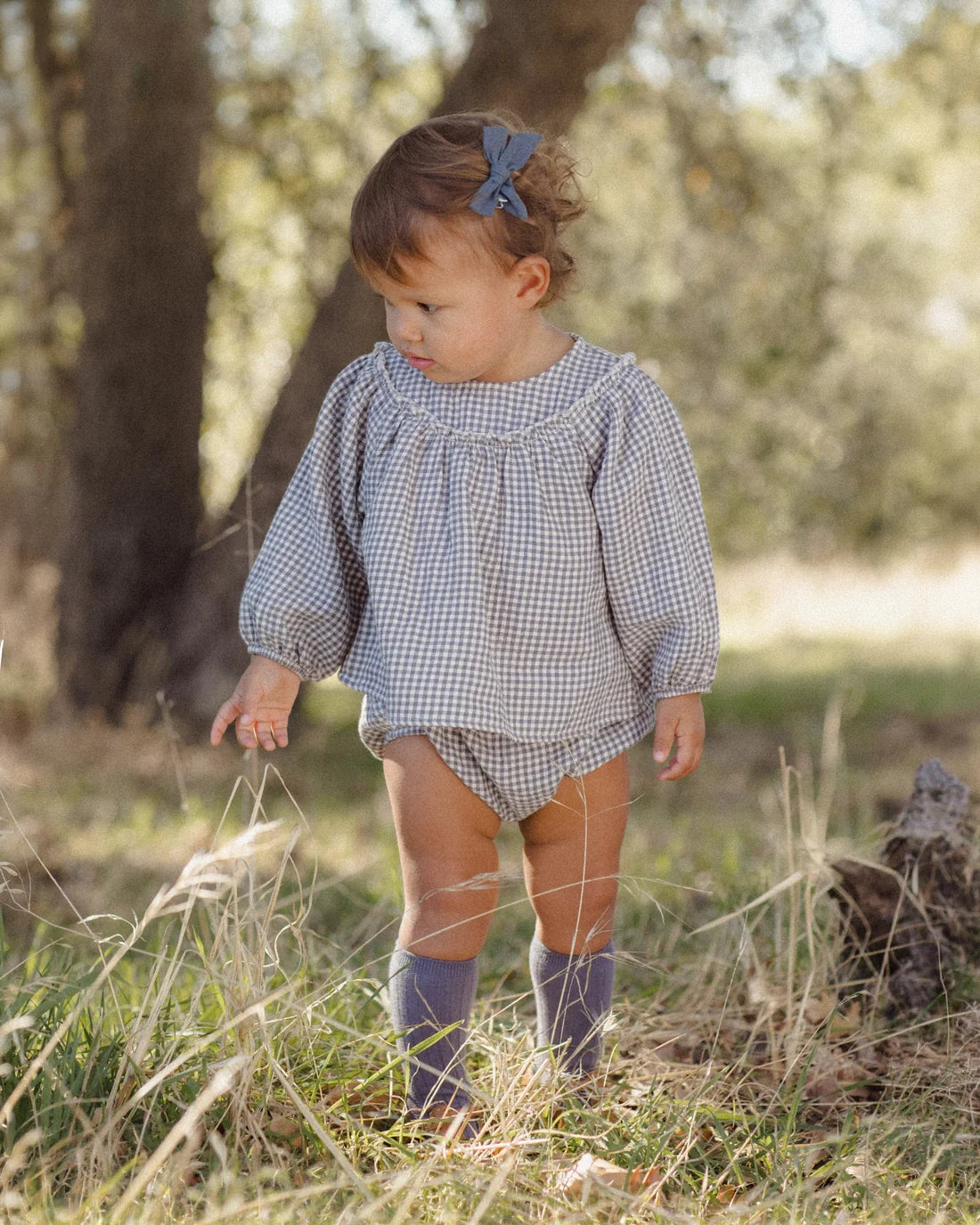 Quincy Mae Midnight Gingham Mia Top and Bloomer Set for babies, featuring a gingham pattern and soft fabric.