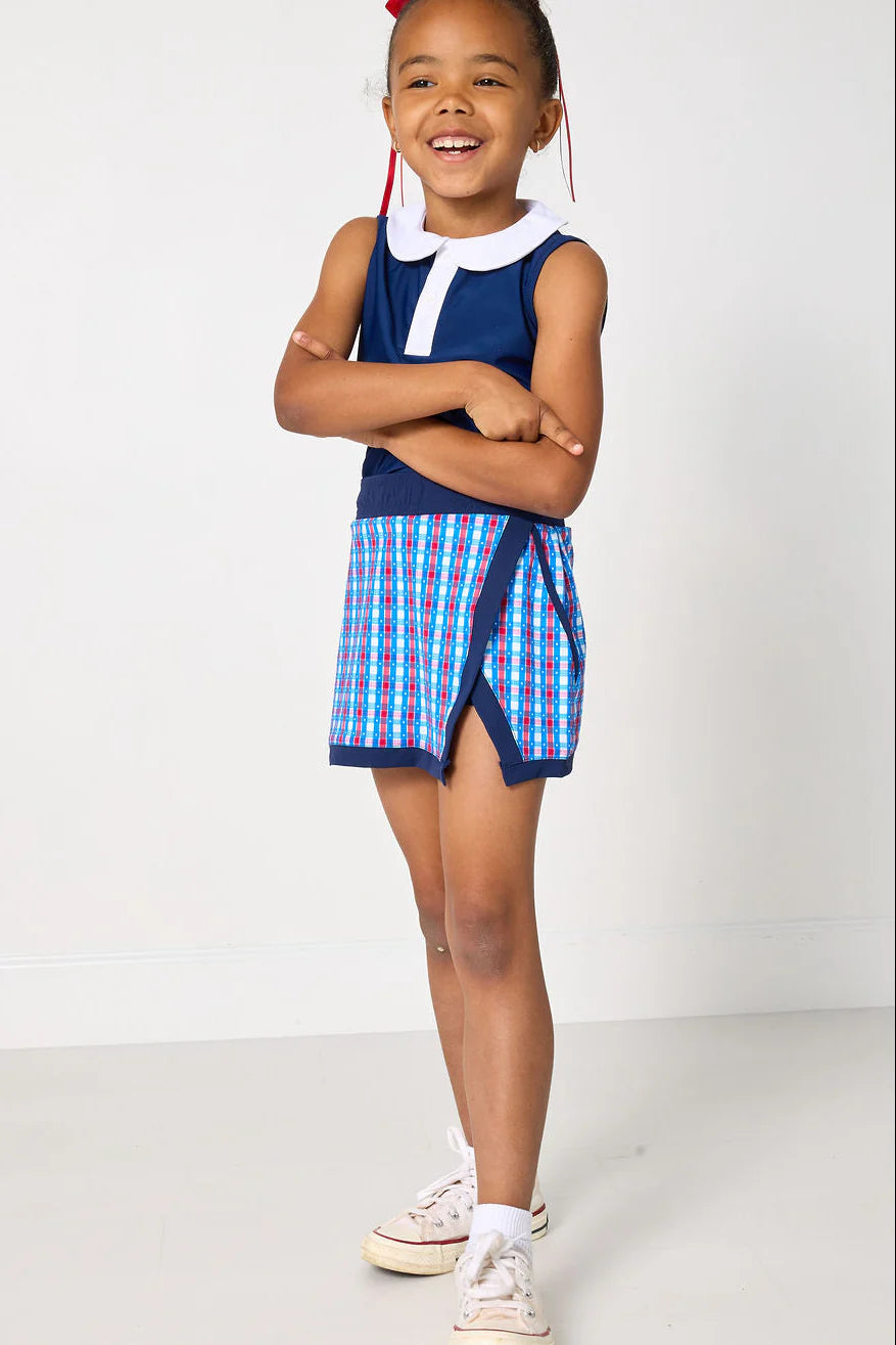 Red, white, and gingham retro power skort for kids by Courtside Kids, featuring a stylish, sporty design with an elastic waistband.