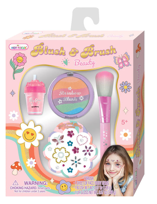 Hot Focus Good Day Blush & Brush Beauty set with pink blush compact and matching brush for a natural makeup look.