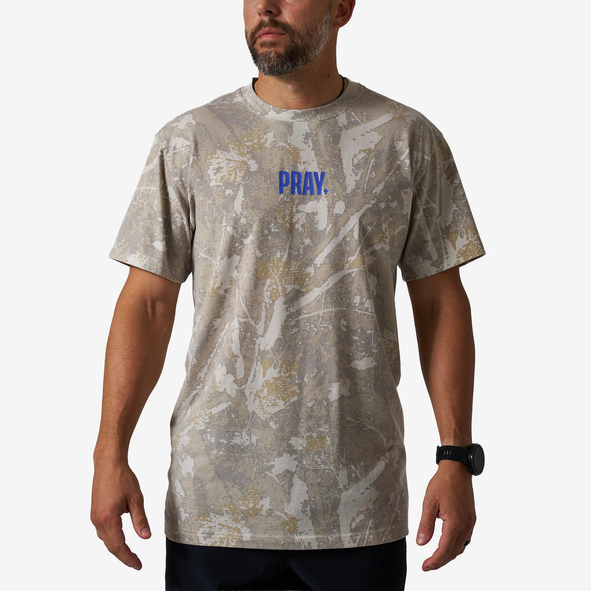 Burlebo Vintage Washed PRAY tee in Drifter Camo print, featuring a bold scripture-inspired graphic