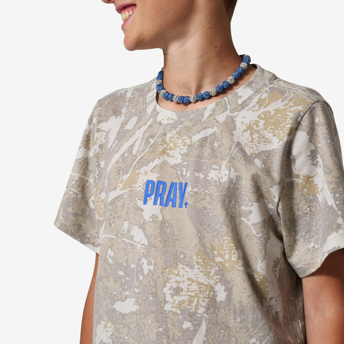 Burlebo youth vintage washed PRAY tee in Drifter Camo with scripture graphic