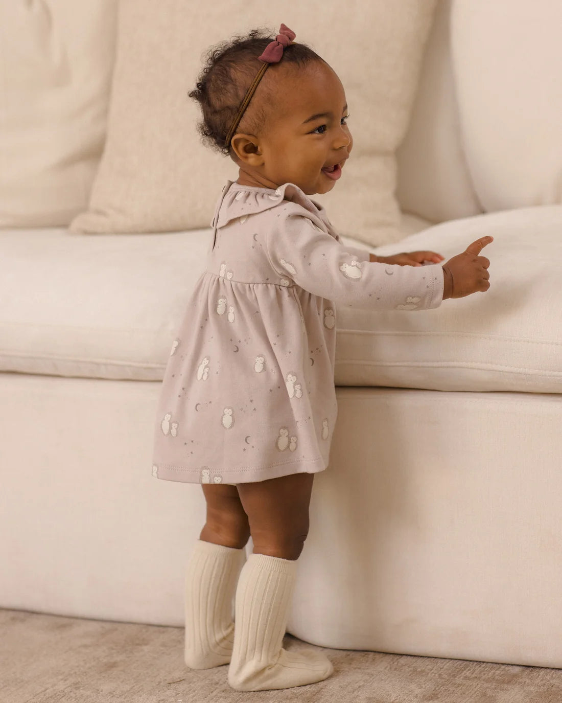 Quincy Mae Owls Ruffle Collar Jersey Dress for girls, soft fabric with owl print and ruffle collar, perfect for casual wear.