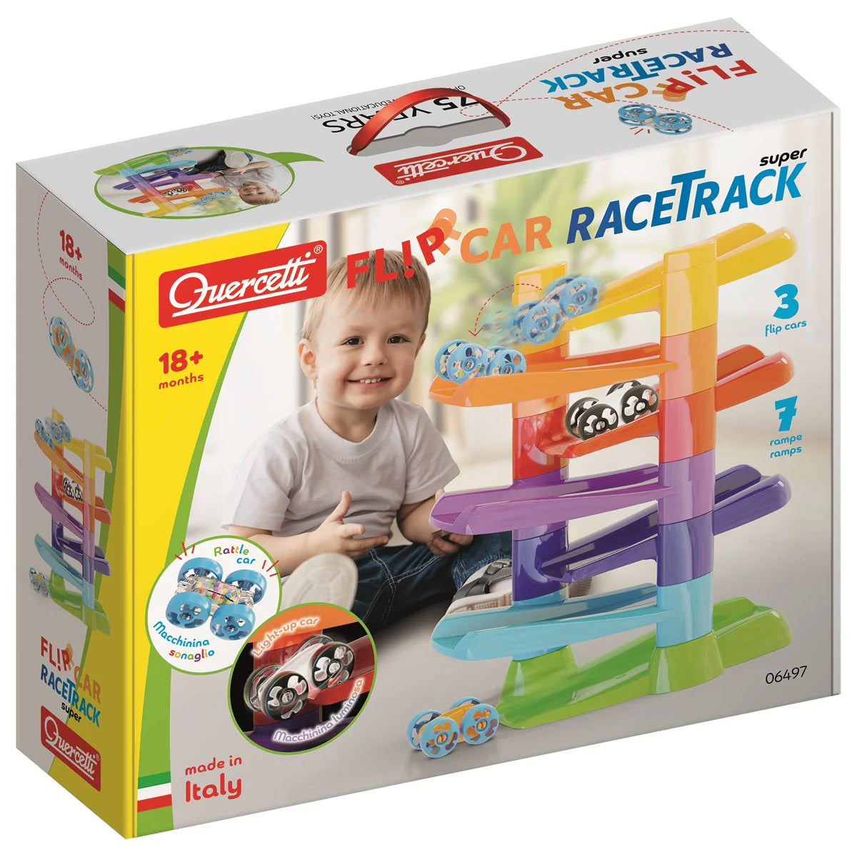 Colorful Quercetti Flip Car Race Track with multiple lanes and ramps for kids' imaginative racing play.