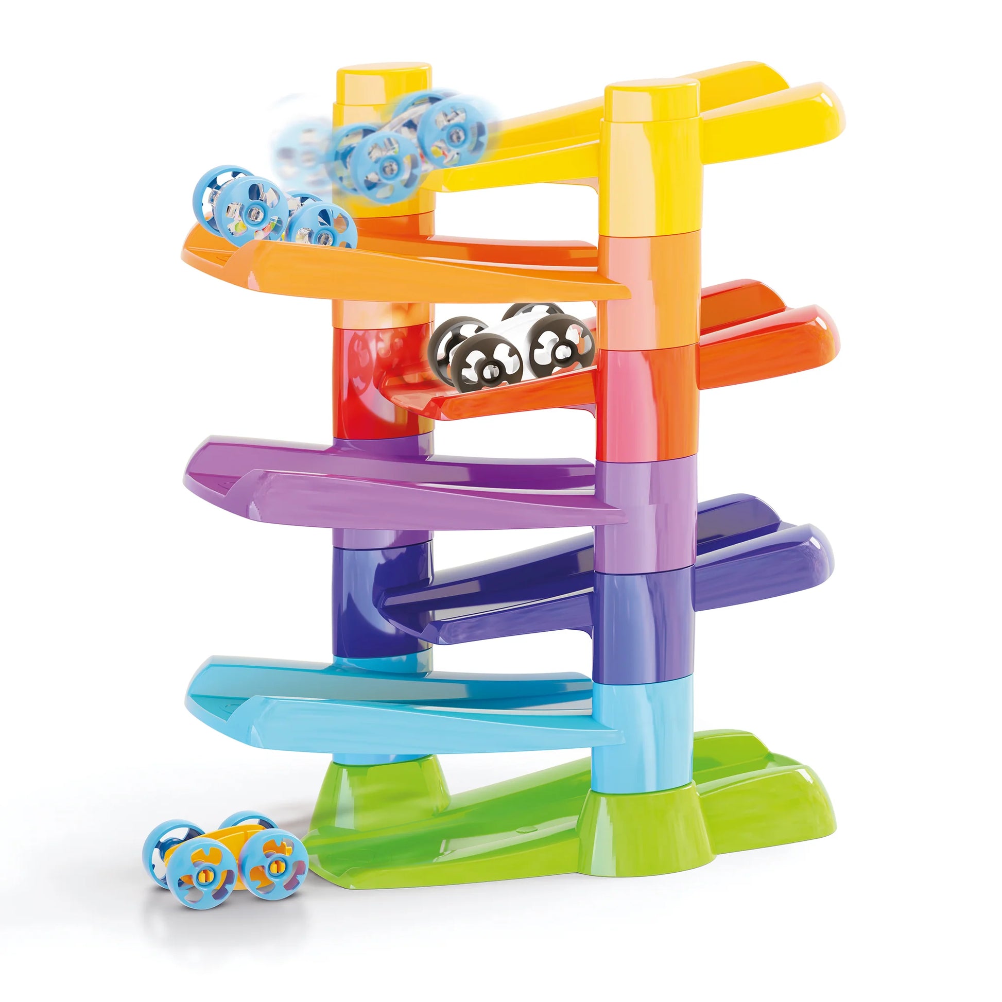 Quercetti Flip Car Race Track with colorful tracks and cars for kids, featuring a fun, interactive racing setup.