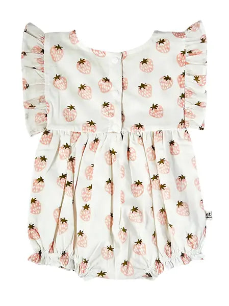 Strawberry pink thin frill sleeve balloon romper by Eight Thousand Miles, featuring a relaxed fit and playful style.
