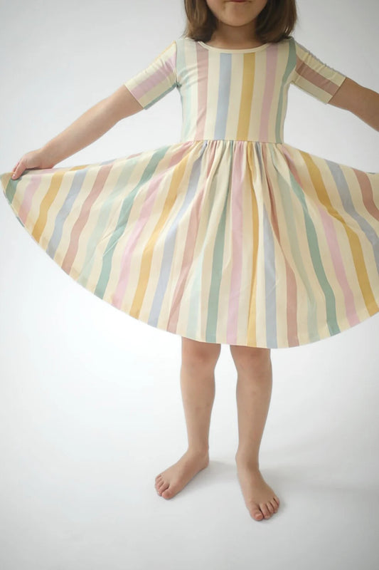 Pastel Stripes Short Sleeve Twirl Dress