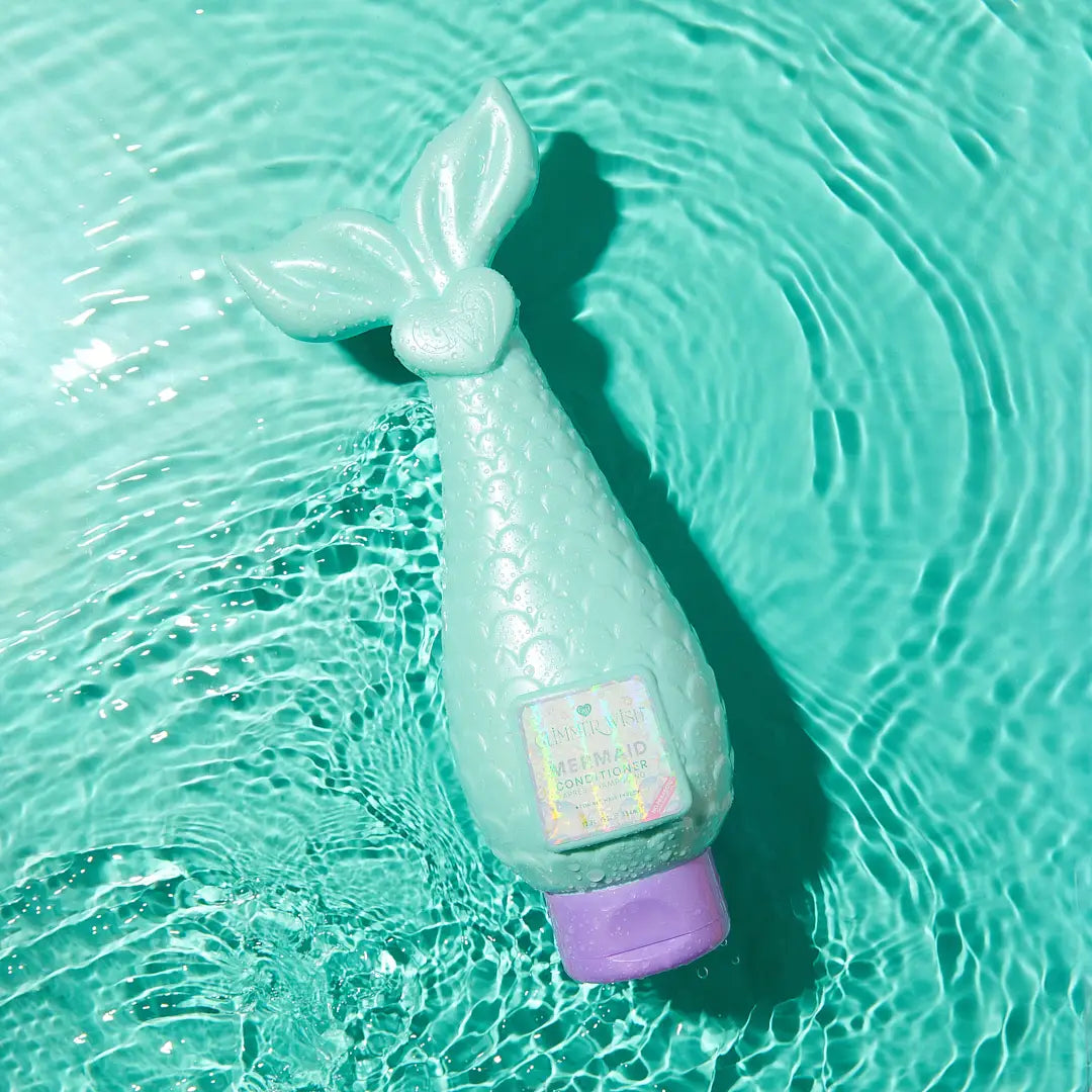 Glimmer Wish Mermaid Kids Conditioner by Sweet E's Children's Boutique, paraben and sulfate free, with a colorful mermaid-themed bottle.