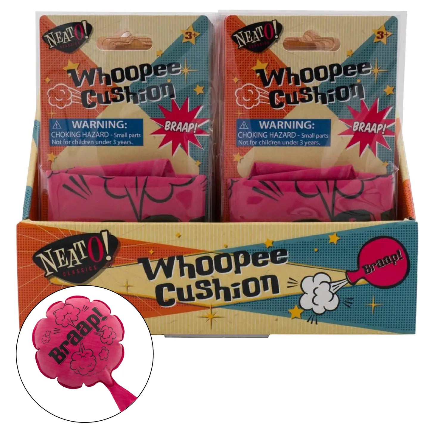 Toysmith Neato! Whoopee Cushion inflates with air, featuring bright colors and classic design for fun pranks and entertainment.
