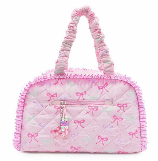 Quilted Bow Printed Medium Duffle Bag by OMG Accessories showing a stylish, bow-printed, quilted fabric duffle with handles and zipper closure.