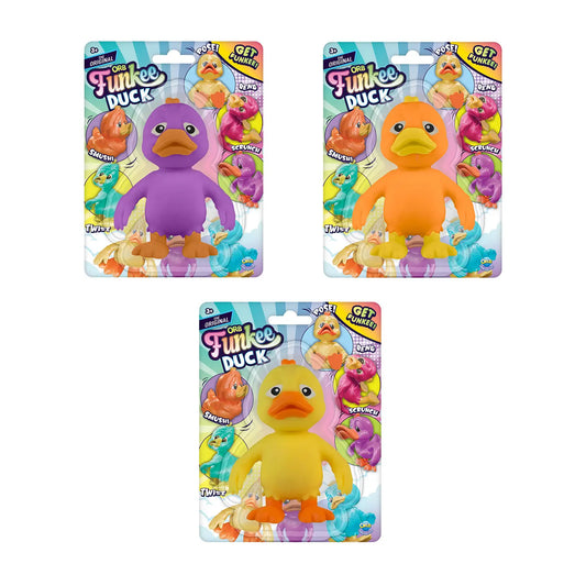 Colorful Funkee Animalz Duck Mega plush toy from Orb Toys, soft and cuddly, with bright yellow feathers and a friendly face.