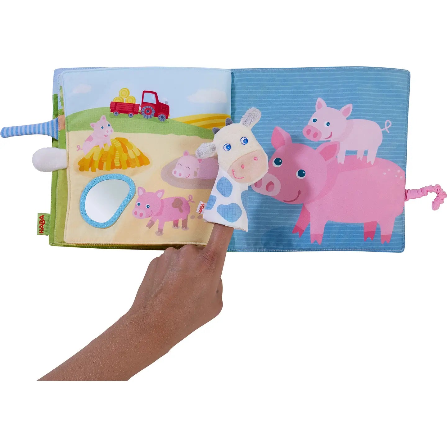 Haba USA - Farm Soft Book w/ Cow Puppet - Interactive Fabric Baby Book