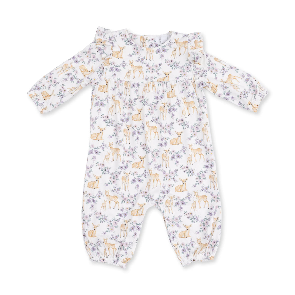 Angel Dear floral deer ruffle sleeve romper for infants, featuring a charming floral pattern and soft, comfortable fabric.