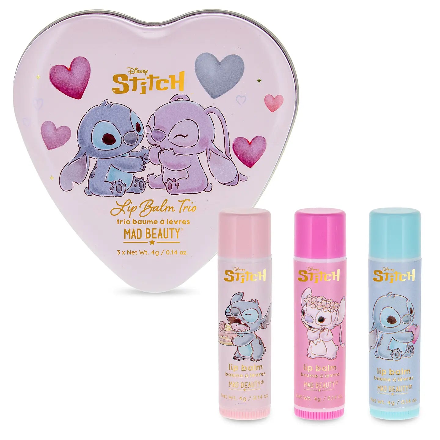 I Heart Stitch lip balm by Mad Beauty, featuring a cute character design on a small, round container with a twist-off lid.
