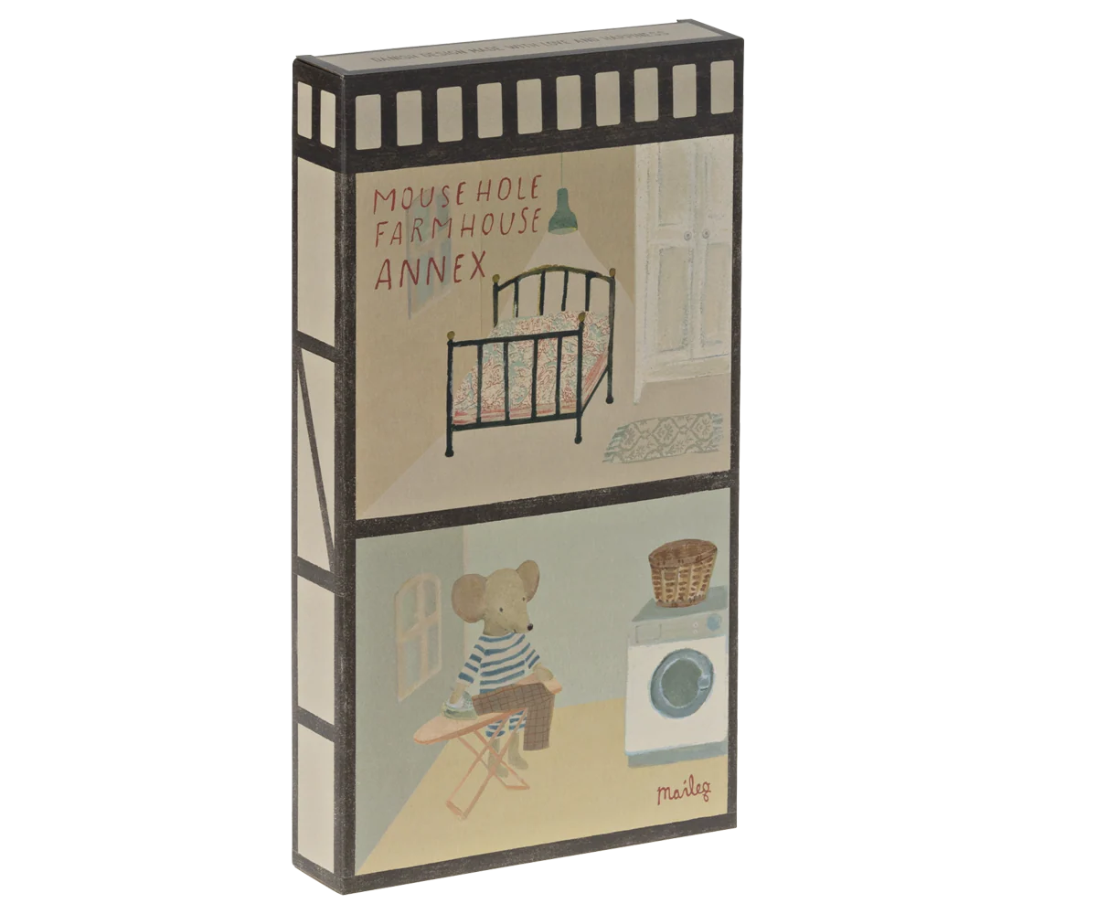 Maileg Mouse Hole Farmhouse Annex toy with detailed miniature farmhouse and accessories, perfect for imaginative play.