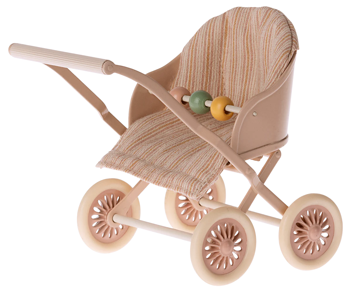 Maileg Baby Mouse stroller in rose color, featuring a small plush baby mouse figure seated in a stylish toy stroller.
