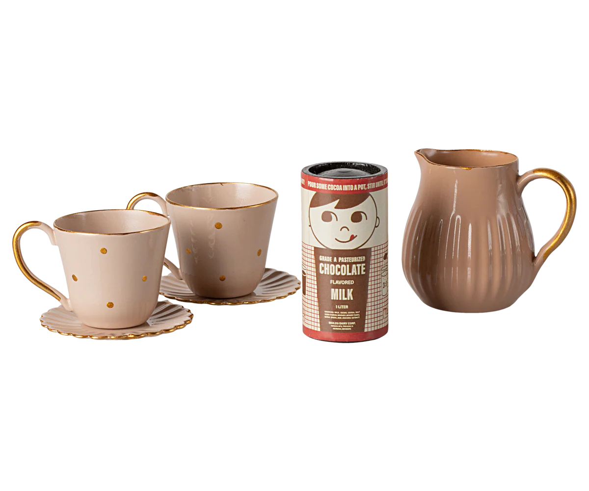 Mini hot chocolate set by Maileg, including tiny cups, mugs, and accessories for pretend play and imaginative fun.