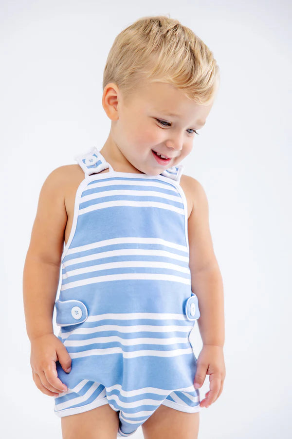 Saddle Ridge Stripe Skipper Sunsuit by The Beaufort Bonnet Company featuring navy and white striped Pima cotton fabric for babies.