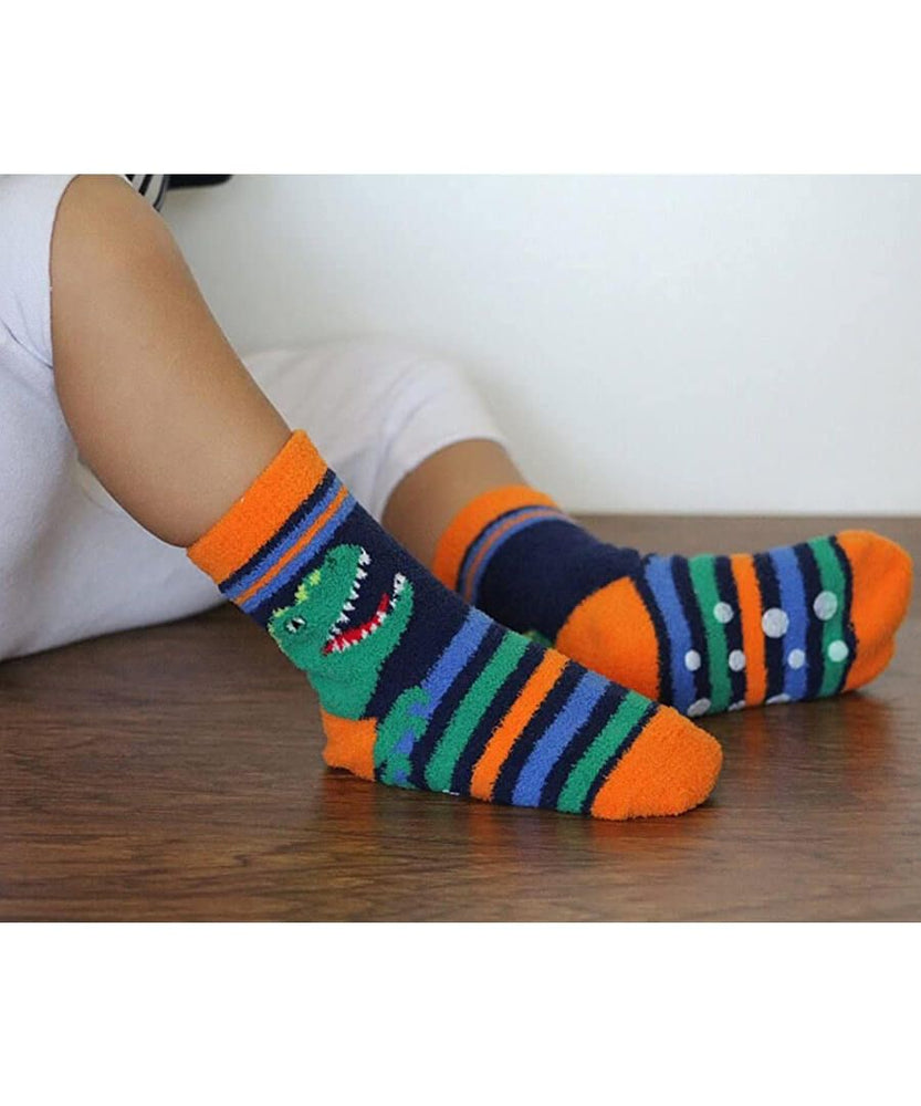 Jefferies Socks - Dinosaur and Shark Fuzzy Slipper Socks 2 Pair Pack