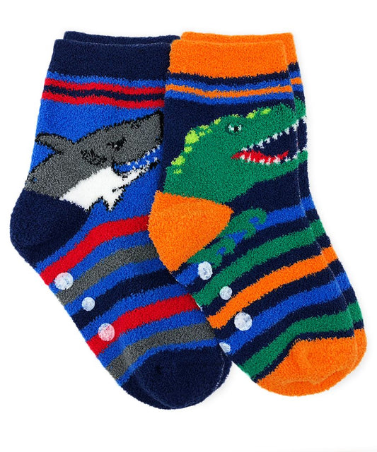 Jefferies Socks - Dinosaur and Shark Fuzzy Slipper Socks 2 Pair Pack