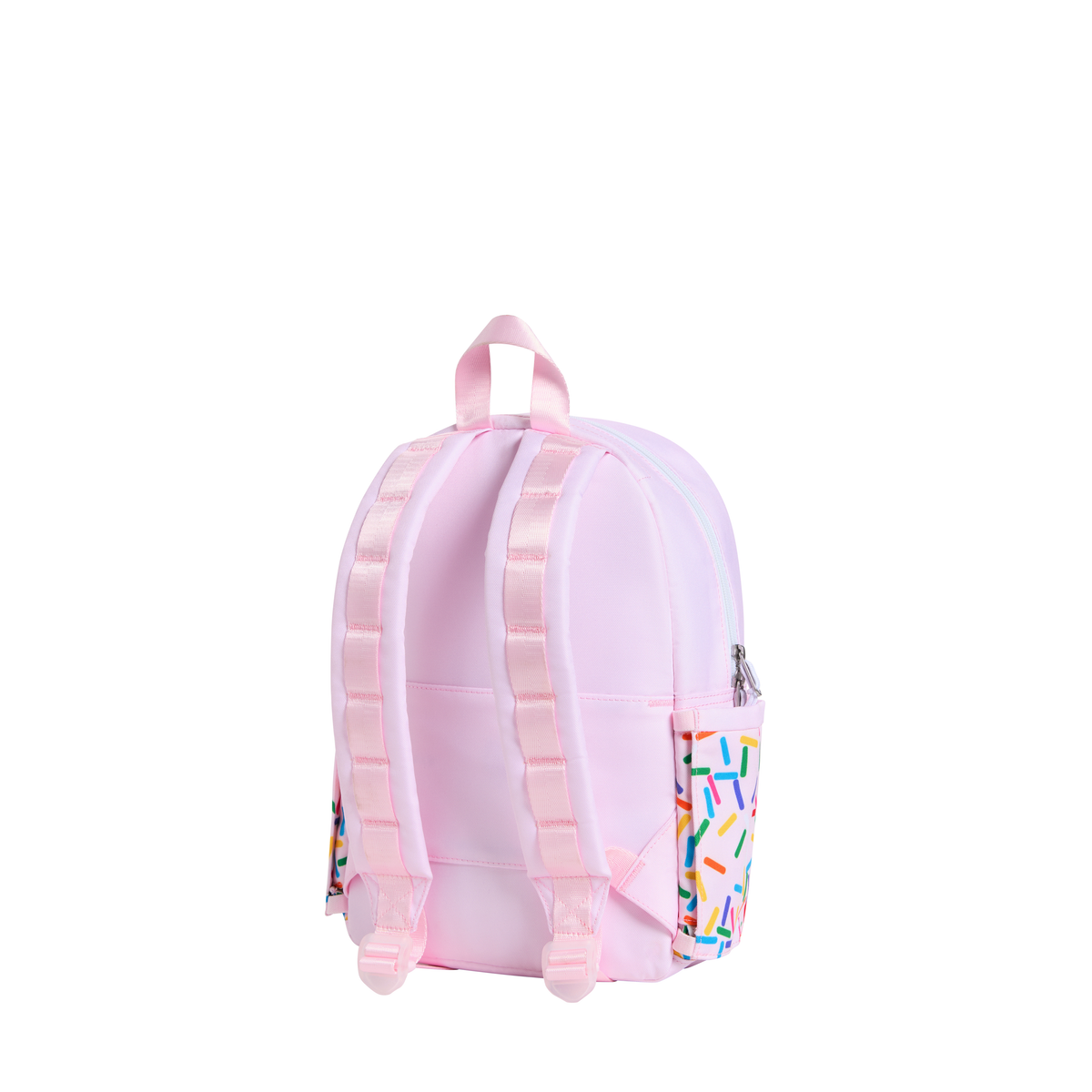 Colorful Sprinkles Kane mini backpack by State Bags featuring a vibrant, patterned exterior with adjustable straps and top handle.