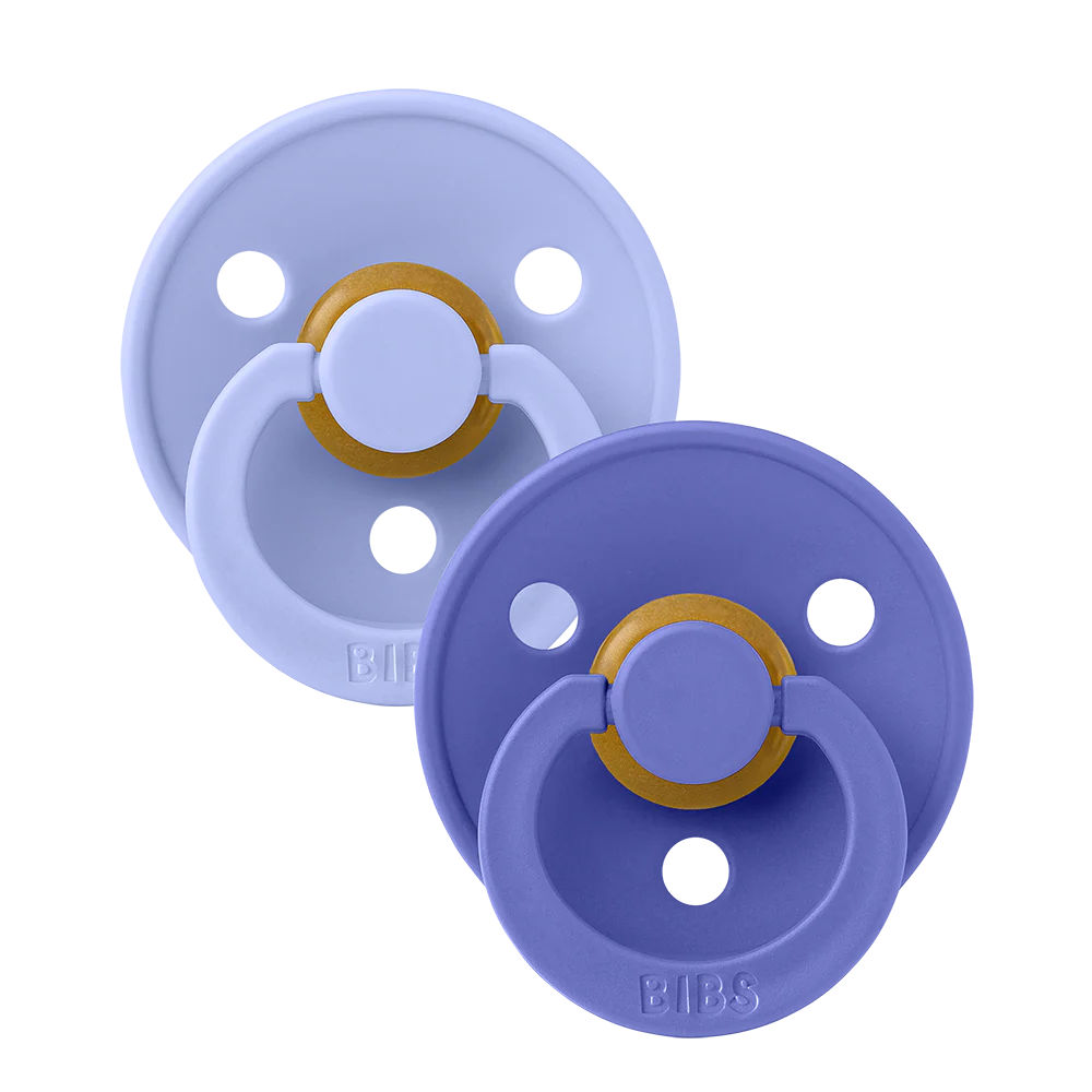BIBS Pacifier 2-pack in Grape and Hush colors, round silicone baby pacifiers with natural nipple shape.