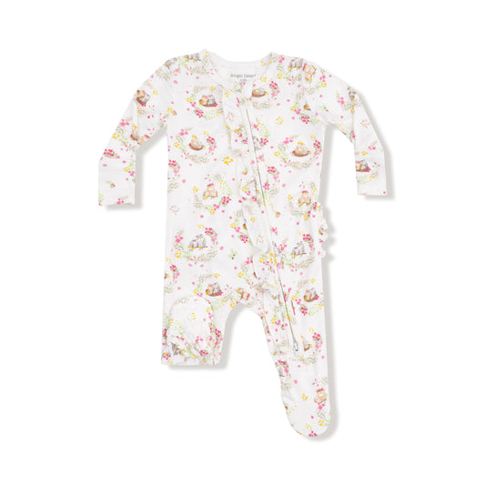 Floral Owl Families Ruffle Zipper Footie