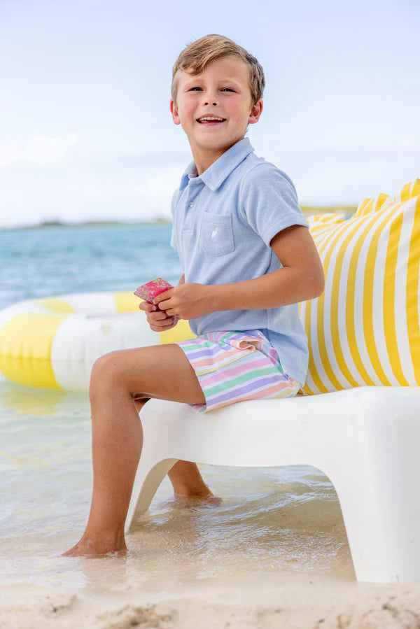 Southampton Stripe and Worth Ave White Tortola swim trunks by The Beaufort Bonnet Company, featuring classic striped and white design.
