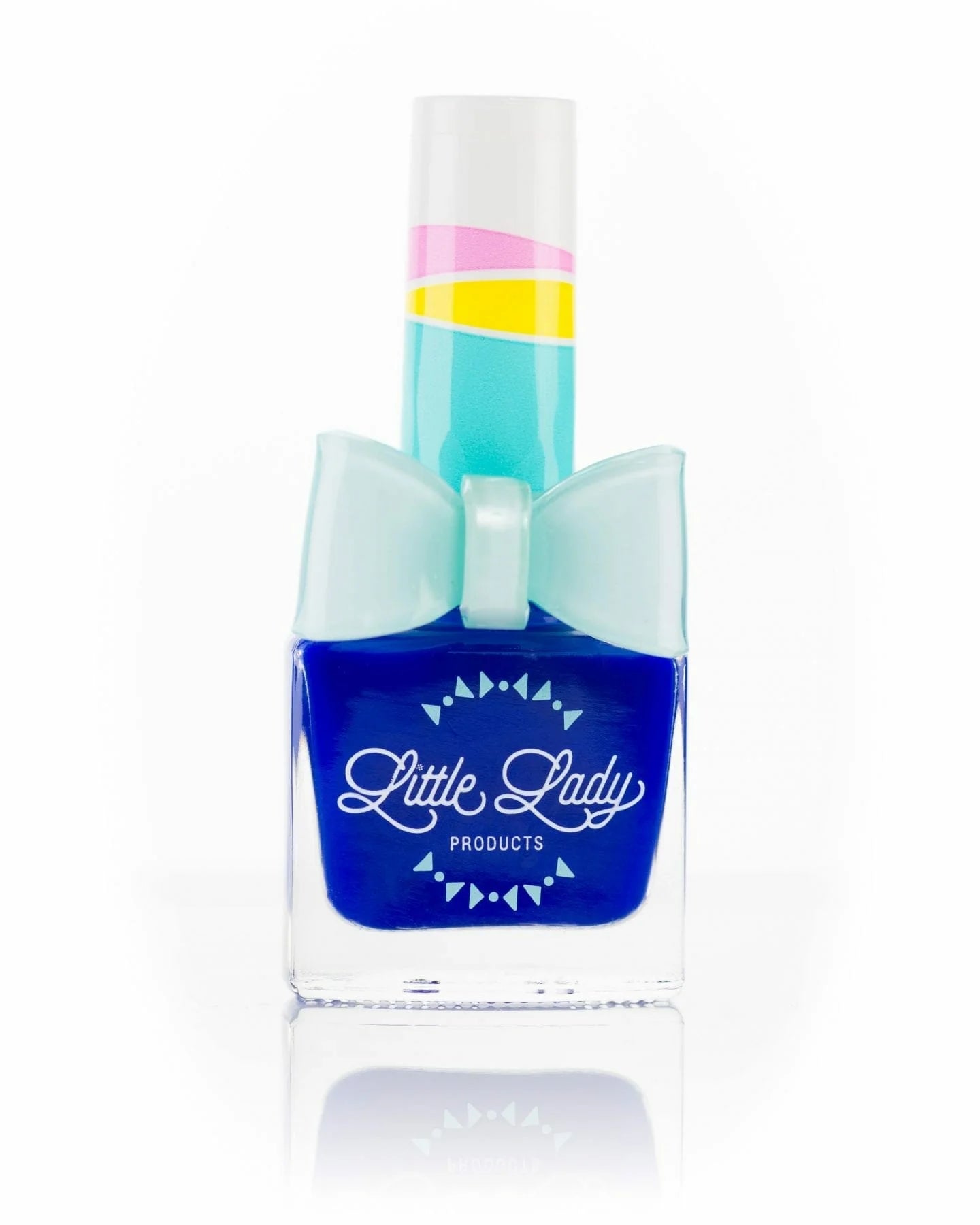 Little Lady kid-safe scented nail polish in blueberry Bingy shade, showing colorful nail polish bottle and swatched nails.