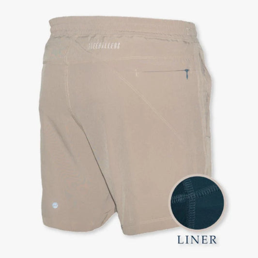 Khaki Meripex FB Shorts displayed on a hanger, showing the casual fit and fabric texture of the men's shorts.