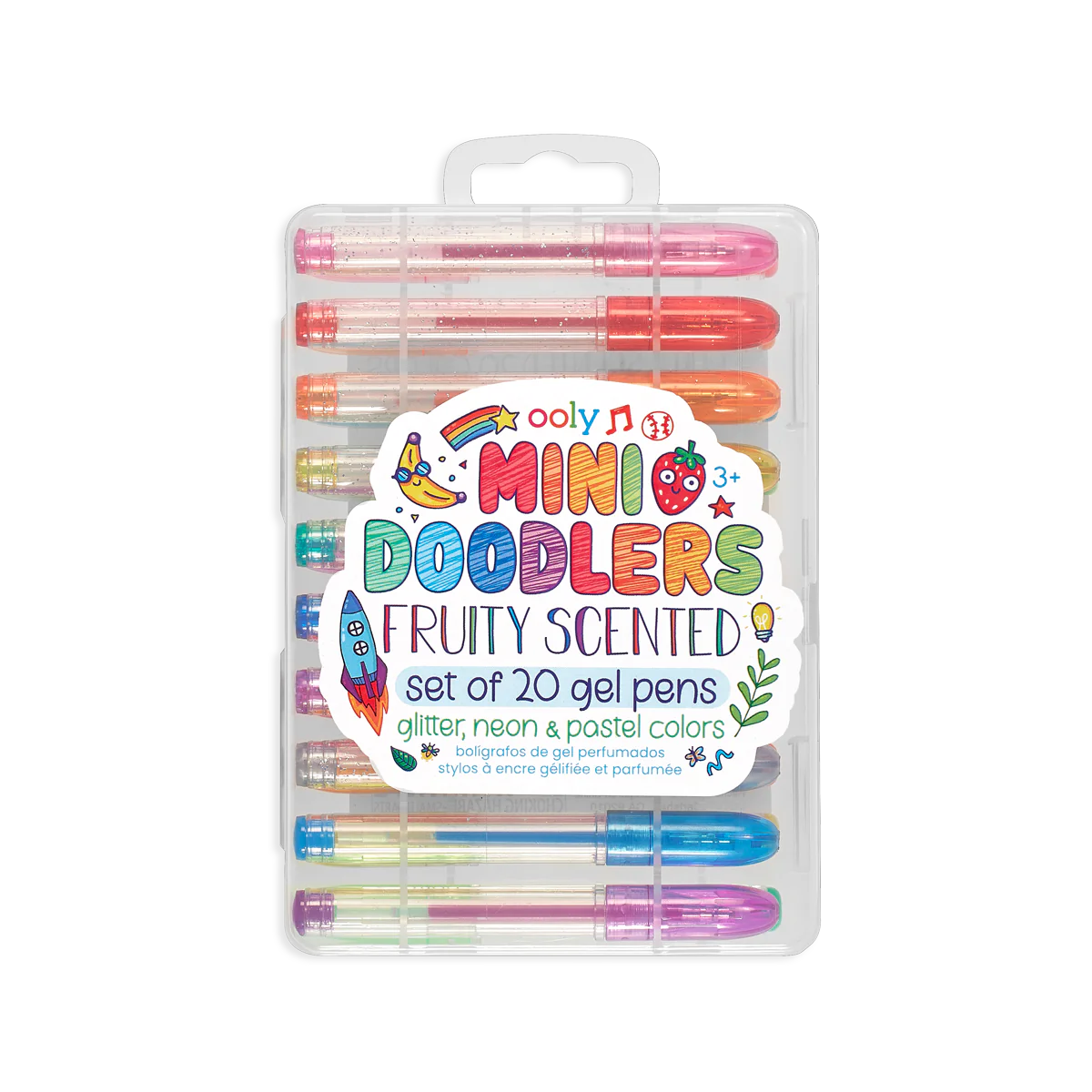 Set of 20 ooly Mini Doodlers scented gel pens with colorful fruity designs and caps, perfect for creative writing and drawing.