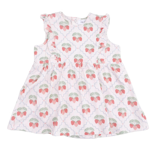 Angel Dear sweet strawberries ruffle bodysuit dress featuring a charming strawberry print and ruffled details for baby girls.