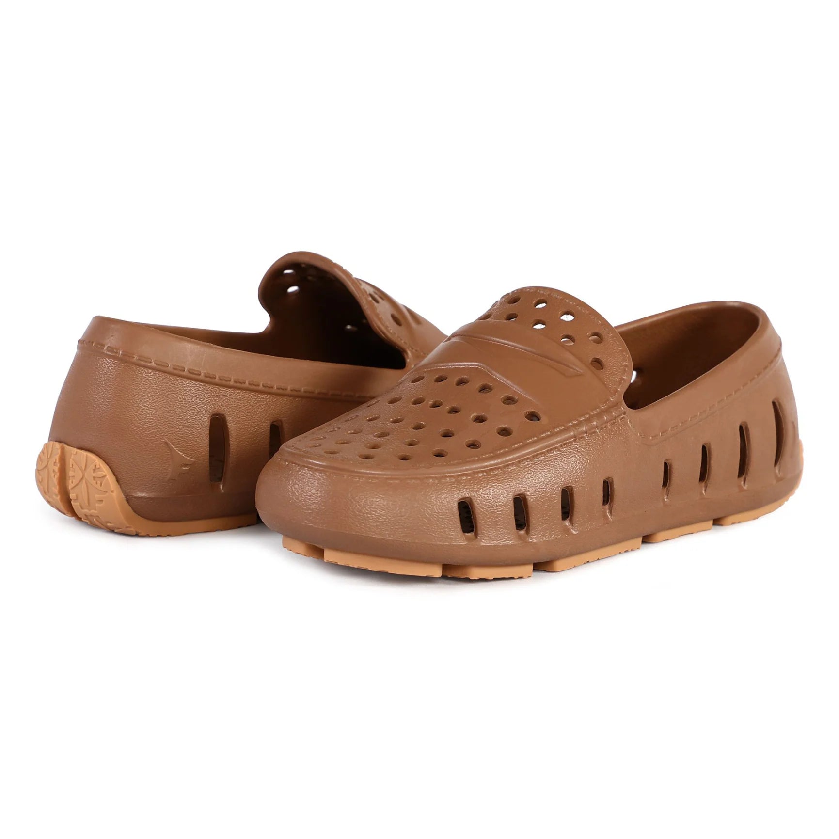 Chestnut Hill/Gum Prodigy Floafers by Floafers, stylish slip-on shoes with a tan and gum rubber sole, displayed on a white background.