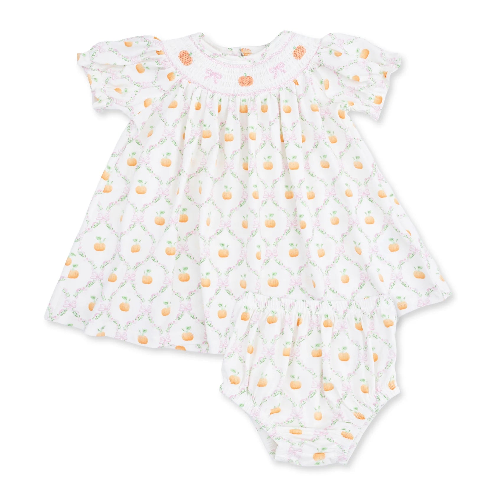 Angel Dear Pretty Pumpkin Trellis Jane Puff Sleeve Bishop Dress with matching bloomers for baby girls, featuring a charming pumpkin trellis pattern.