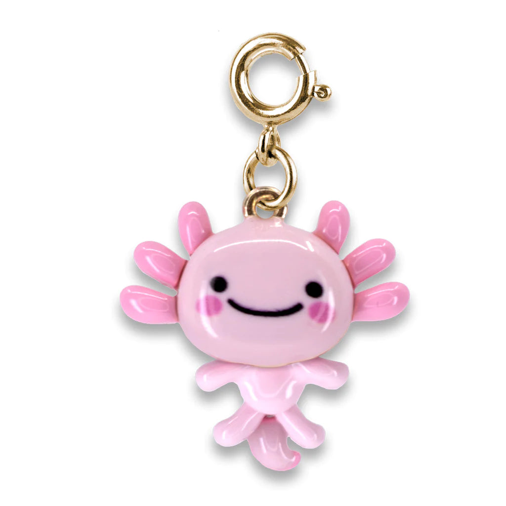 Gold Swivel Axolotl Charm by Charm It! featuring a detailed, shiny axolotl figure with a swivel attachment for jewelry.