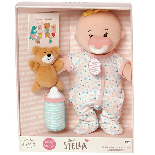 Manhattan Toy Love, Stella Sleepy Time Set Peach doll with blonde tuft, soft fabric and detailed features, perfect for cuddling and bedtime.