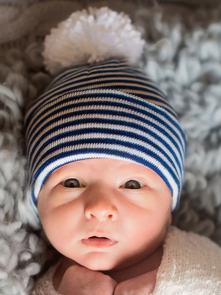 Ilybean - Navy Striped White Pom Newborn Hat