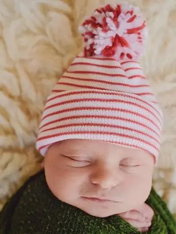 Ilybean - Candy Cane Pom Newborn Hospital Hat -Christmas Baby Hat Gift