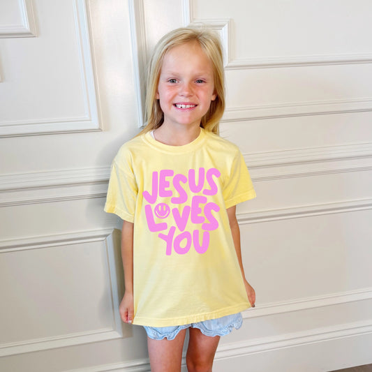 Smiley Jesus Loves You Puff Youth Tee
