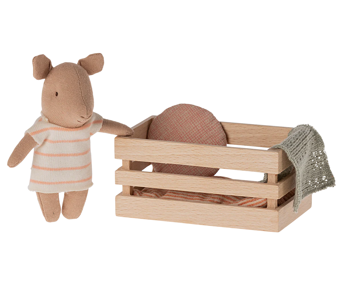 Maileg Girl Pig Baby in box, soft fabric toy with pink pig design, nestled inside a decorative box, perfect for cuddling and gift-giving.