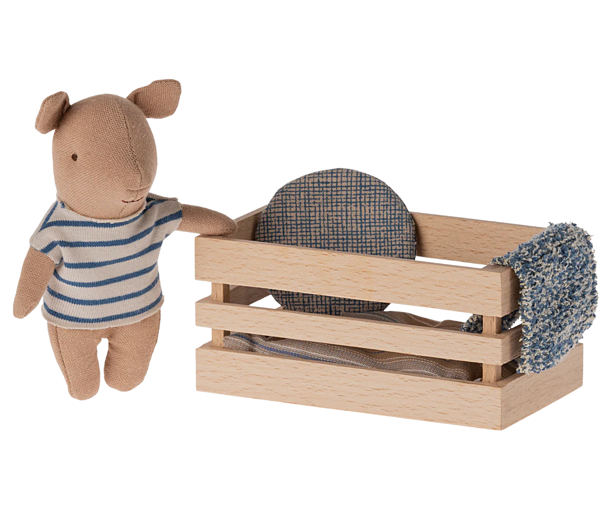 Maileg Boy Pig in a Box, plush toy with pig design inside a decorative box, perfect for children's play and collectible decor.
