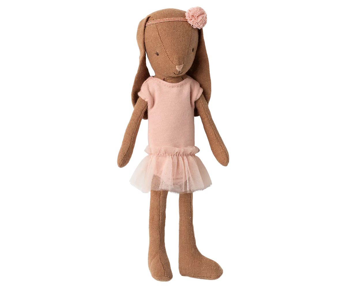 Chocolate brown Maileg Bunny Size 1 wearing a ballet suit and pink skirt, soft plush toy with detailed features.