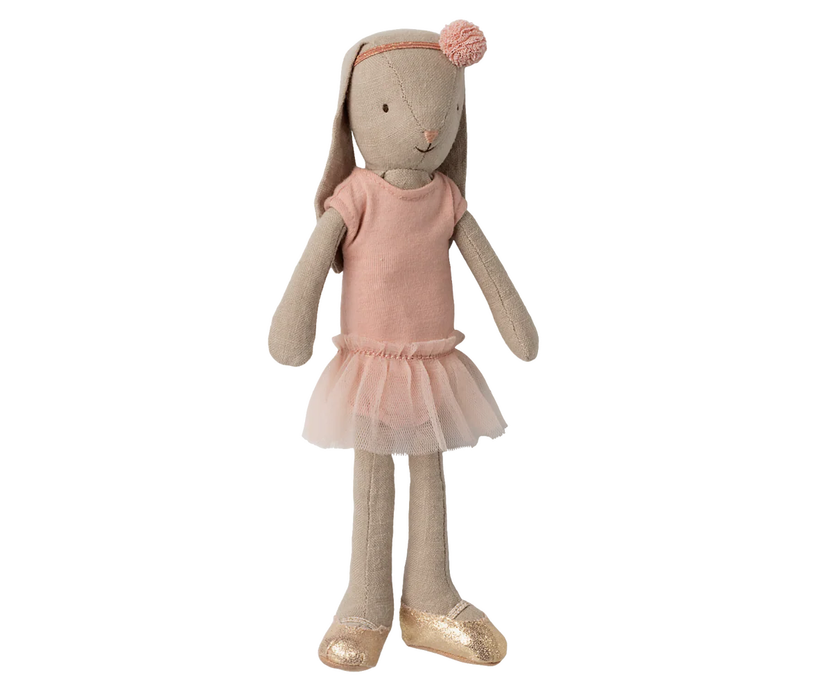 Maileg Bunny Size 2 in classic ballet suit with pink skirt, featuring soft fabric and detailed costume for collectible dolls.
