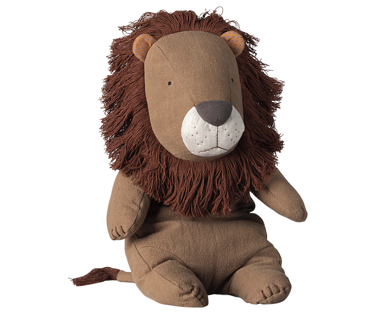 Maileg Safari Friends Lion plush toy, large size, soft fabric and detailed features, ideal for children and animal lovers.