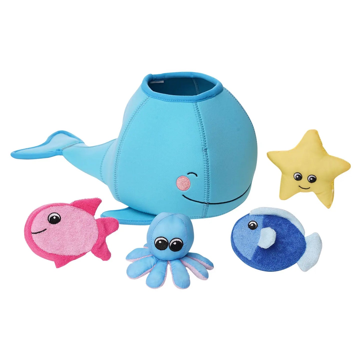 Blue whale-shaped fill and spill bath toy from Manhattan Toy, designed for children's bath time fun.