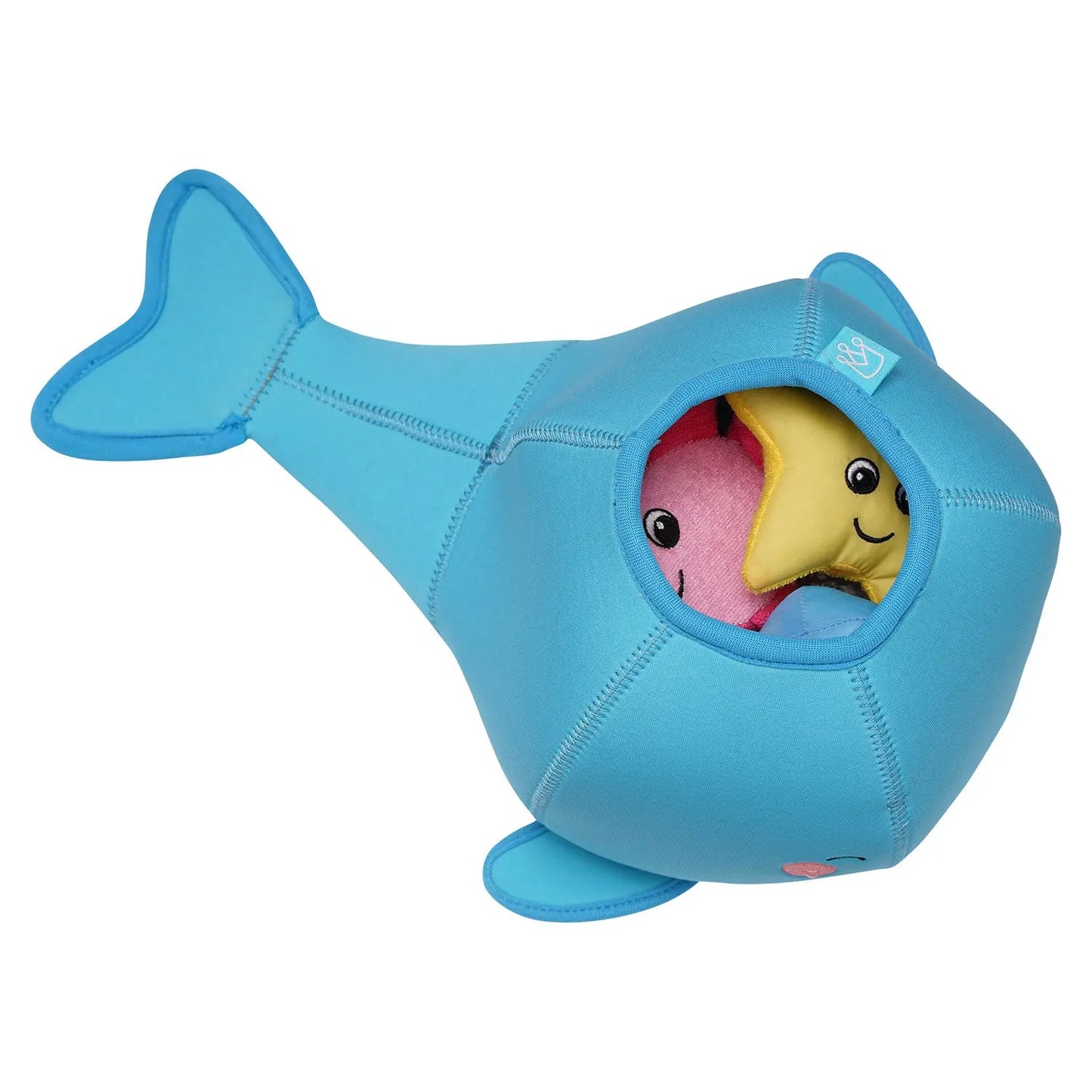Manhattan Toy whale floating bath toy with fill-and-spill design for kids' water play, bright blue and white colors.