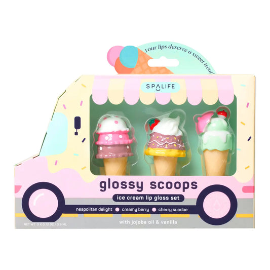 My Spa Life Glossy Scoops Ice Cream Lip Gloss Trio gift set with three colorful, glossy lip glosses in ice cream-inspired shades.