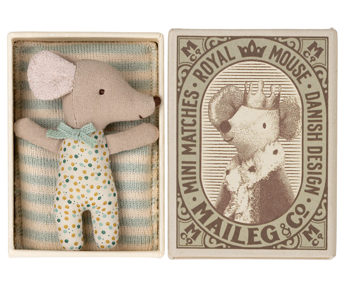 Maileg - Blue Dot Sleepy Wakey Baby Mouse in Matchbox